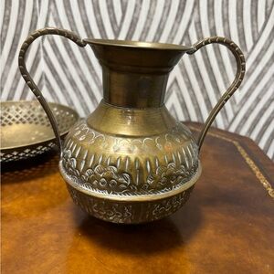 Vintage brass etched vase with handles
